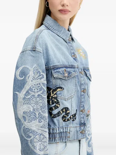 Desigual Embroidered Denim Jacket In Blue