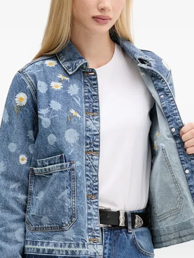 Desigual Floral-embroidered Denim Jacket In Blue