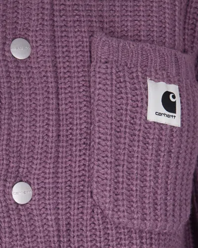 Carhartt Chunky Knit Cardigan With Four Pockets And Button Closure In Purple