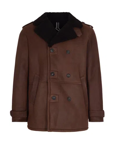 D Four Double-breasted Suede Leather Jacket With Notched Lapel In Brown