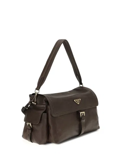 Prada Explore Large Leather Shoulder With Flap Bags In Brown