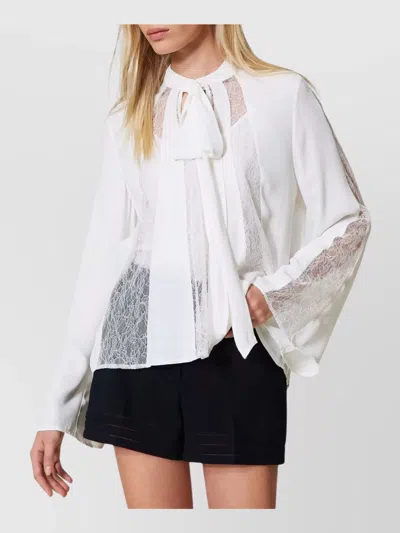 Twinset Sheer Blouse With Bow And Lace Panels In White