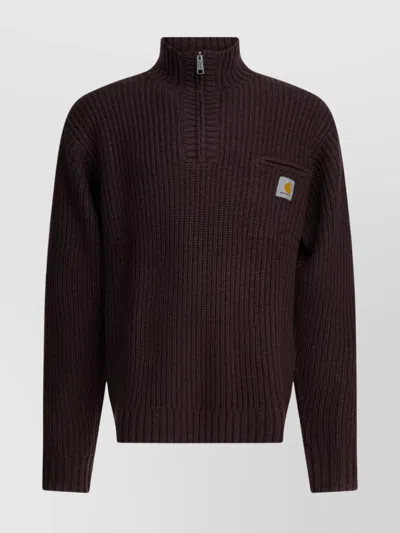 Carhartt High Neck Ribbed Knitwear With Chest Pocket In Brown