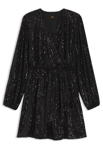 Hugo Boss Boss Orange Dillio Sequin Mesh Long Sleeve Cocktail Dress In Black