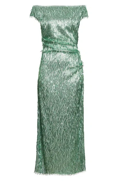 Erdem Beaded Fringe Off-the-shoulder Midi Cocktail Dress In Green