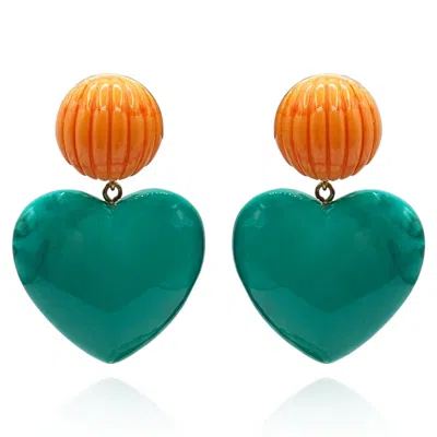 Michael Nash Jewelry Women's Orange / Green Amour Carved Coral Pierced Resin With Jade Resin Heart Drop In Multi