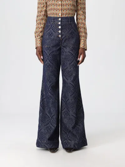 Etro Flared Jacquard Denim Jeans With Pegaso Buttons In Blue