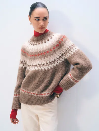 White & Warren Alpaca Blend Fair Isle Crewneck Top In Brown In Brown