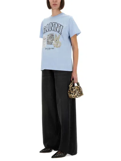 Ganni Basic Cotton Jersey Animals Relaxed T-shirt In Blue