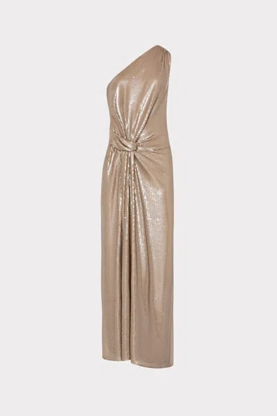 Milly Porsha One-shoulder Sequin Column Gown In Brown