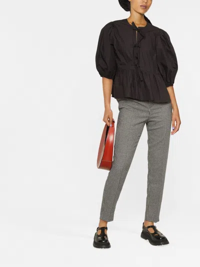 Ganni Poplin Front-tie Peplum Blouse With Puffed-sleeves In Black