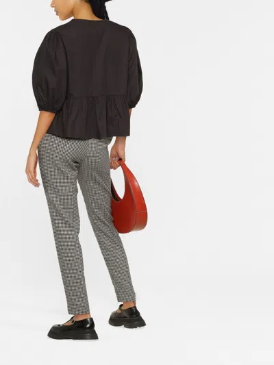 Ganni Poplin Front-tie Peplum Blouse With Puffed-sleeves In Black