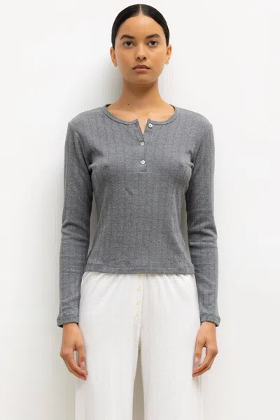 Leset Pointelle Long Sleeve Henley Tee Granite In Gray