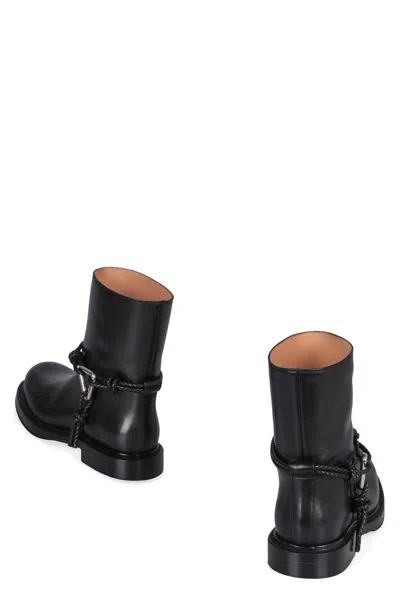 Bottega Veneta Women Black Ankle Boots With Metallic Detail On The Side And Applied Laces In Leather In Animal Print