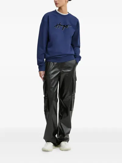Hugo Boss Logo-print Crew-neck Sweatshirt In Blue