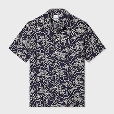Ps By Paul Smith Casual-fit Navy Floral Embroidery Short-sleeve Shirt Blue In Blue