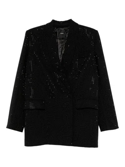 Pinko Oversized Double-breasted Blazer With Rhinestones In Black
