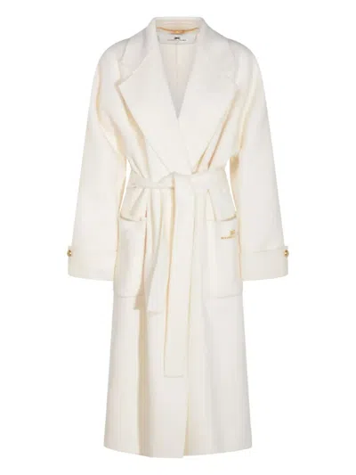 Elisabetta Franchi Long White Milk Wool Coat With Belt In White
