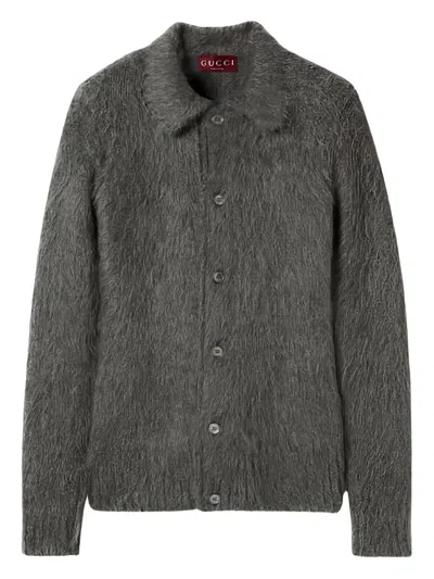 Gucci Men Grey Cardigan With Classic Collar And Brushed Effect In Mohair Blend Woman In Gray