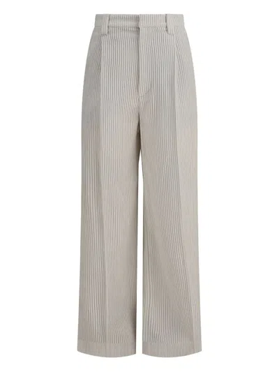 Brunello Cucinelli Striped Linen And Cotton Trousers In Neutral