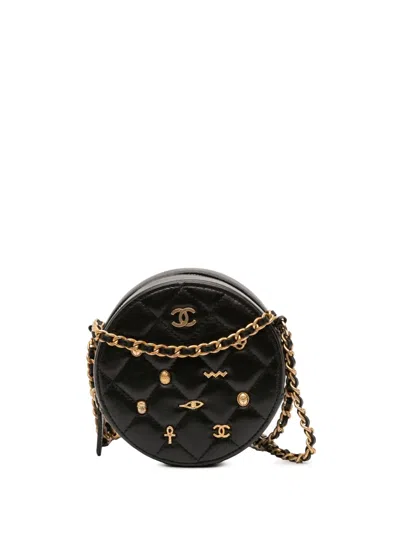 Pre-owned Chanel 2019 Quilted Lambskin Egyptian Amulet Charms Round Clutch With Chain Crossbody Bag In Black
