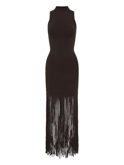 Nicholas Clementine Fringe-hem Rib Knit Maxi Dress In Brown