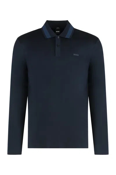 Hugo Boss Polo Sweater In Virgin Wool With Embroidered Logo In Blue