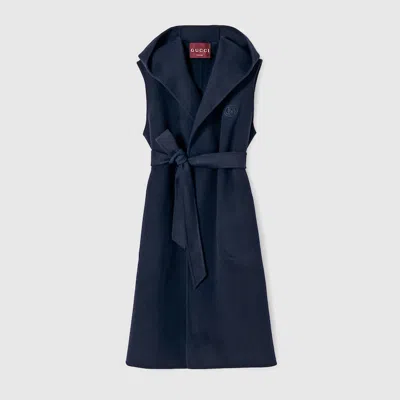 Gucci Wool Sleeveless Coat With Embroidery In Blue