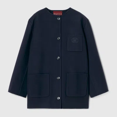 Gucci Wool Coat With Embroidery In Blue