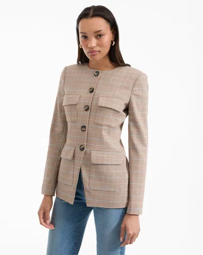 Veronica Beard Orrin Windowpane Plaid Collarless Jacket In Brown