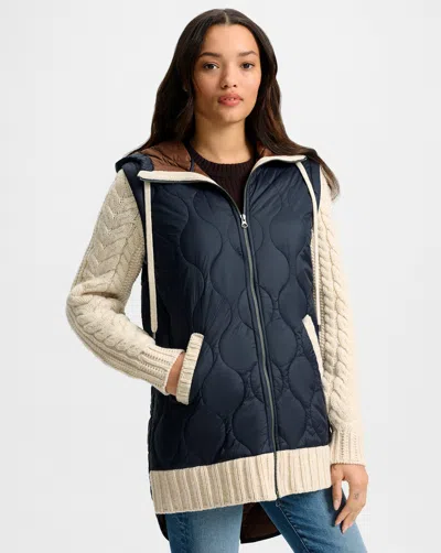 Veronica Beard Barrows Mixed Media Hooded Zip-up Jacket In Blue