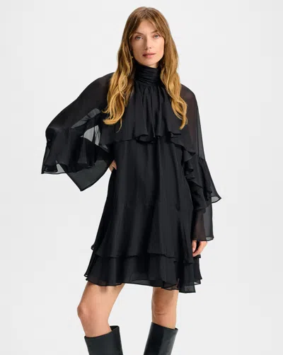 Veronica Beard Adlington Ruffle Detail Long Sleeve Silk Chiffon Dress In Black