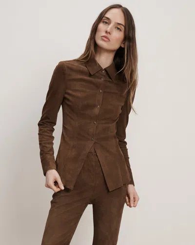 Veronica Beard Wittaker Suede Button-down Shirt In Brown