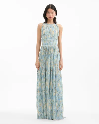 Veronica Beard Yardley Floral Pleated Chiffon Gown In Blue