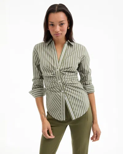 Veronica Beard Devra Stripe Ruched Cotton Blend Button-up Shirt In Gray
