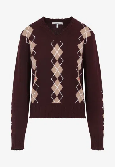 Chloé Chloe Argyle-intarsia Wool And Cashmere-blend Jumper In Burgundy