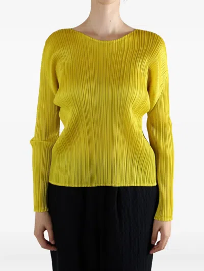 Issey Miyake Pleated Long-sleeve Top In Yellow