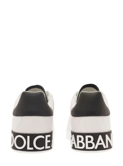 Dolce & Gabbana Portofino White Low Top Sneakers With Patch Logo And Red Stitching In Smooth Leather Man