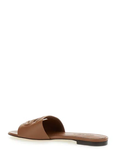 Dolce & Gabbana Leather Slides With Cut-out Logo In Brown
