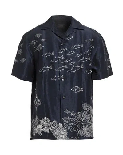 Brioni Man Shirt Midnight Blue Size 3xl Linen, Silk In Blue
