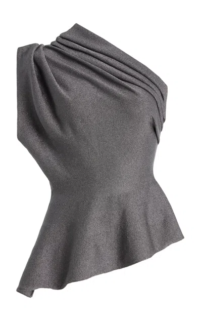 Khaite Aimee Asymmetric One-shoulder Draped Lurex Peplum Top In Gray