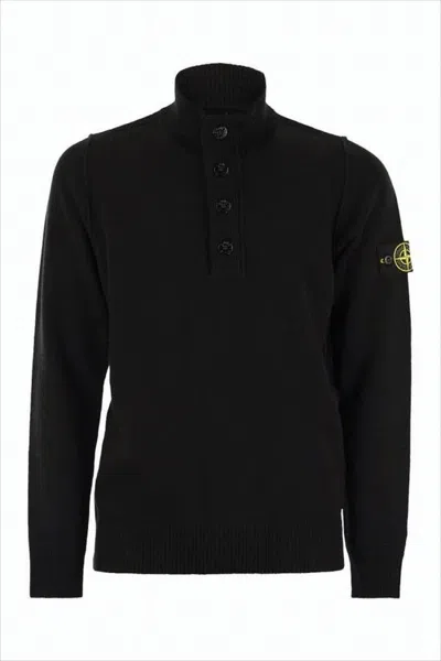 Stone Island High Collar Pullover With Buttoned Placket And Logo Patch In Black