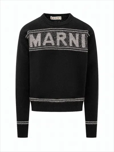 Marni Crew Neck Sweater With Bold Logo And Contrasting Stripes In Black