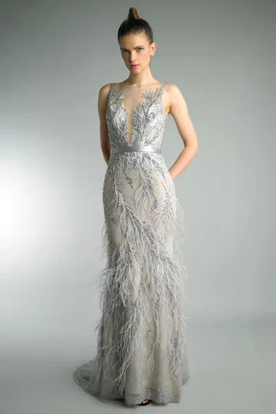 Basix Black Label Illusion Burnout Feathered Sleeveless Gown In Silver