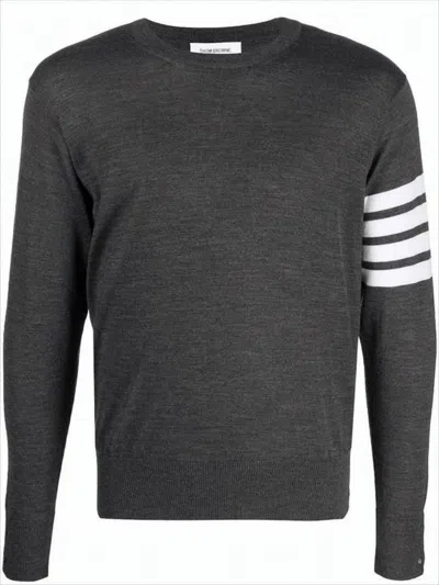 Thom Browne Dark Grey Merino Wool Sweater With Striped Detail In Gray