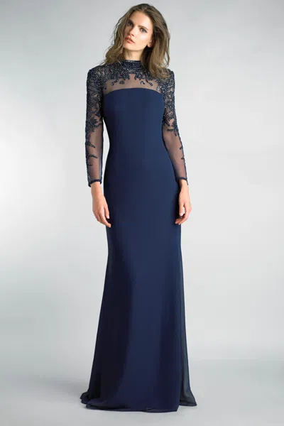 Basix Black Label Basix Beaded Mock Neck Long Sleeve Sheer Yoke Gown In Lightweight Fabric In Blue