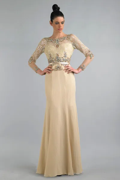 Basix Black Label Long Sleeve Sequined Evening Gown In Neutral