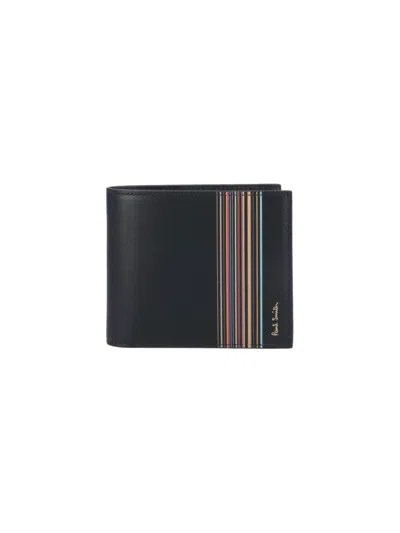 Paul Smith Calf Leather Wallet With Vertical Multicolor Stripe Detail In Black