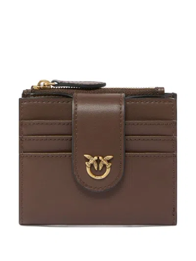 Pinko Compact Calf Leather Wallet With Gold-tone Emblem In Brown