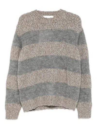Amaranto Chunky Knit Gray Sweater With Horizontal Stripes In Gray